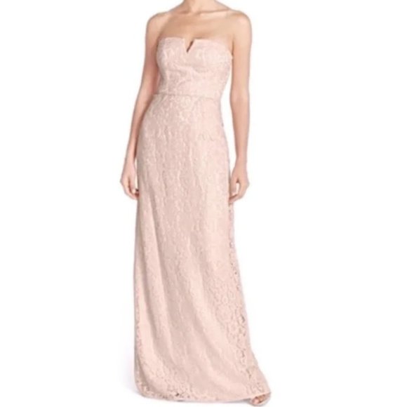 Donna Morgan Collection x BHLDN Reese Strapless Notch Neck floral Lace Gown sz 0 - Picture 1 of 16